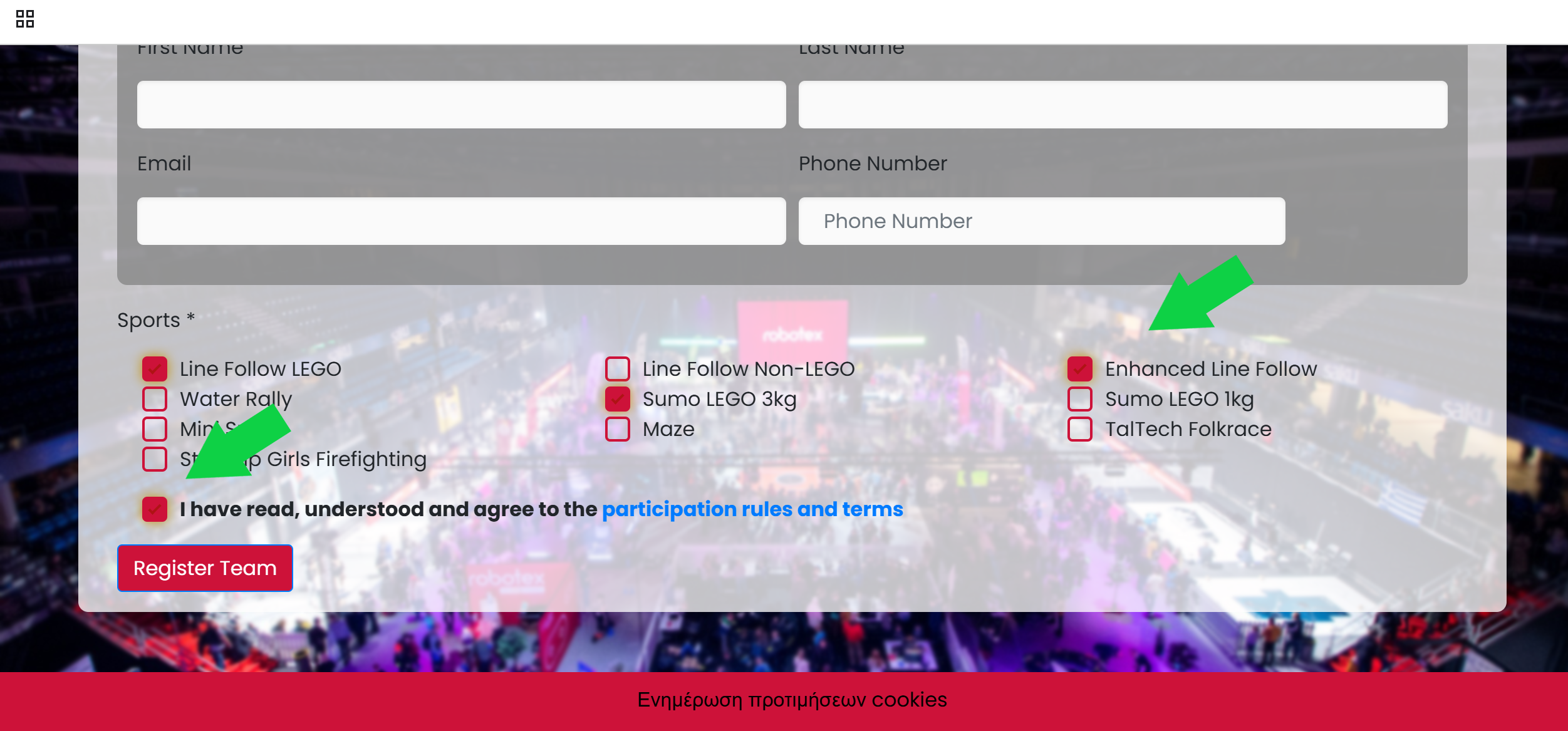 Select Sports and Accept Terms